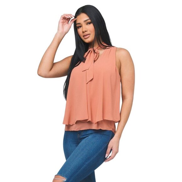NWT Coral Pink Sleeveless Ruffle Blouse Shirt Top with Tie-Neck - Picture 4 of 4